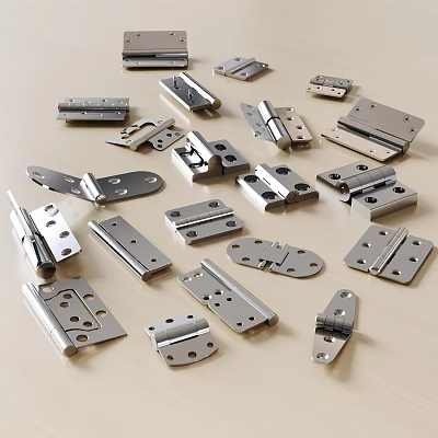 Various Metal Hinges And Hardware Fasteners On Wooden Surface 3d model