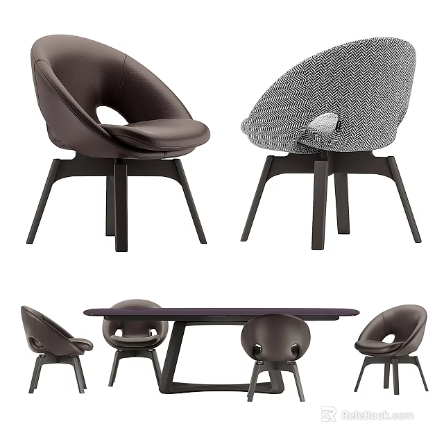 Modern Dining Table Set With Leather And Woven Chairs And Dark Wooden Legs 3d model 