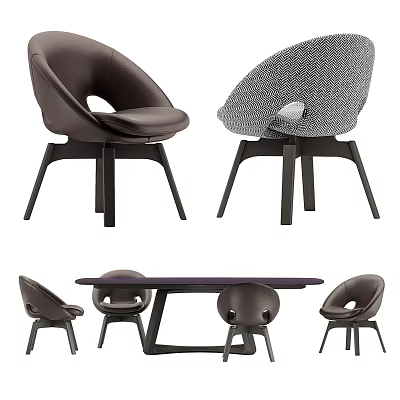 Modern Dining Table Set With Leather And Woven Chairs And Dark Wooden Legs 3d model