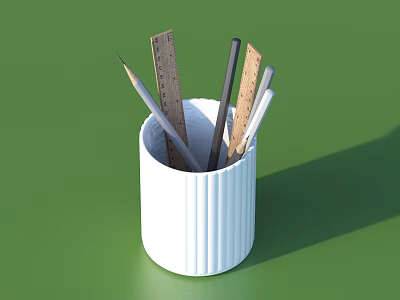 White Ribbed Pen Holder Containing Pencils Rulers and Black Pen on Green Background 3d model