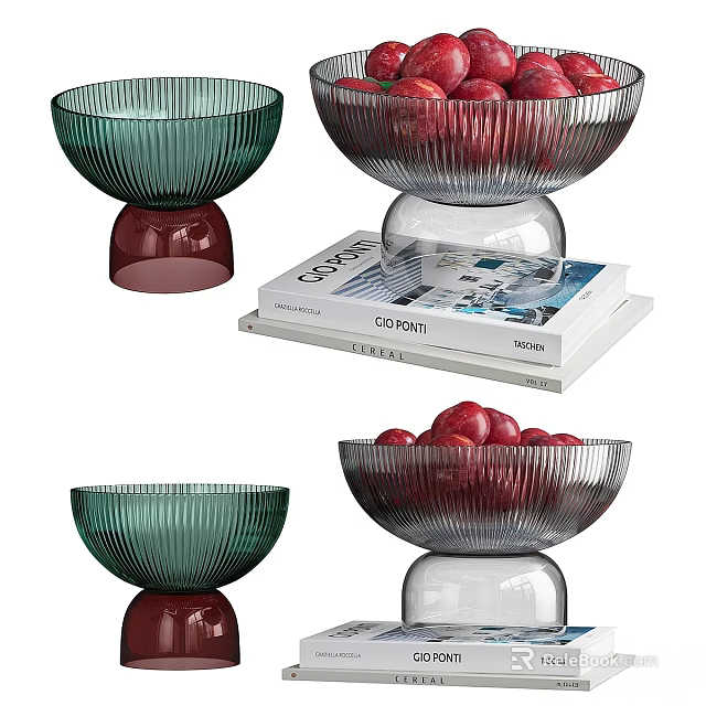 Red Fruits In Transparent Glass Bowls With Colorful Bases And Stacked Books 3d model 