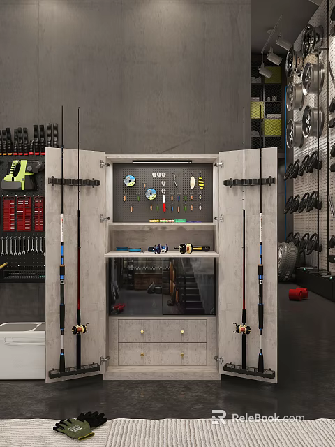 Gray Tool Storage Cabinet With Pegboard Hanging Tools Fishing Rods And Drawers 3d model 