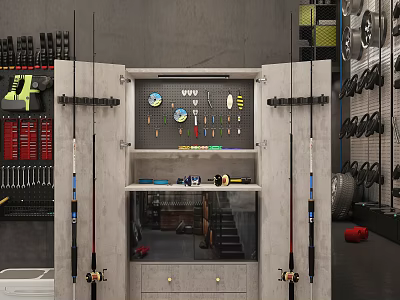 Gray Tool Storage Cabinet With Pegboard Hanging Tools Fishing Rods And Drawers 3d model