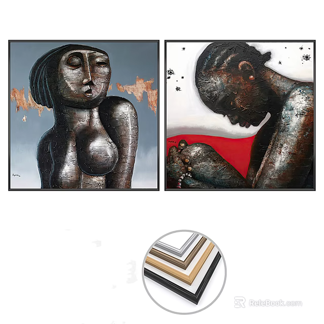 Abstract Female Figure Paintings With Metallic Texture And Red Background Details 3d model 