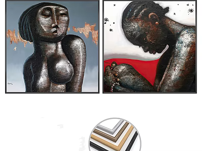 Abstract Female Figure Paintings With Metallic Texture And Red Background Details 3d model