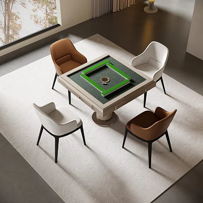 Modern Entertainment Table With Green Surface And Four White Brown Chairs On Light Carpet 3d model