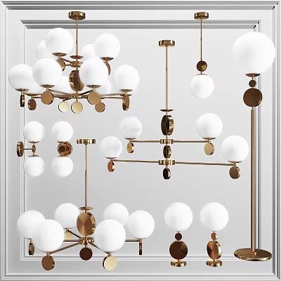 Modern Chandeliers With Golden Metal Frames White Spherical Shades And Round Discs 3d model