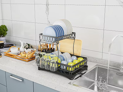 Multi tier Dish Drying Rack With Plates Glasses Fruits And Cutting Board Near Kitchen Sink 3d model