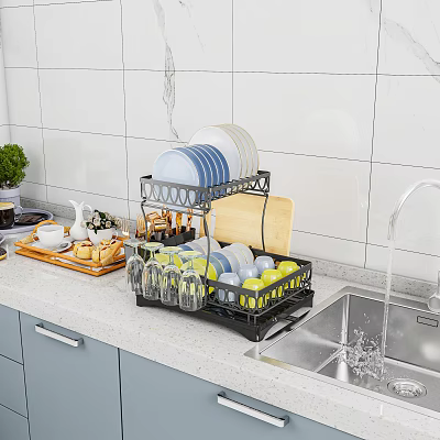 Multi tier Dish Drying Rack With Plates Glasses Fruits And Cutting Board Near Kitchen Sink 3d model