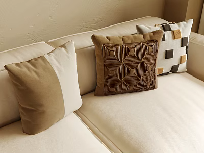 Beige Sofa With Decorative Cushions In Brown White And Geometric Patterns 3d model