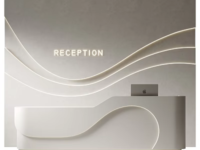 Elegant Modern White Reception Desk With Wave Like Light Strips On Gray Wall 3d model