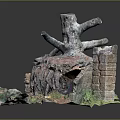 Lush Green Mossy Plants Growing On Tree Stump And Roots With Brick Structure