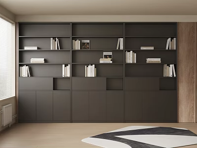 Modern Dark Gray Built in Bookcase With Multiple Shelves Books Photo Frames And Wooden Wall Panel 3d model