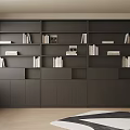Modern Dark Gray Built in Bookcase With Multiple Shelves Books Photo Frames And Wooden Wall Panel