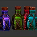 Colorful Decorative Bottles With Red Blue Green Purple Bodies Orange Net Design And Red Caps