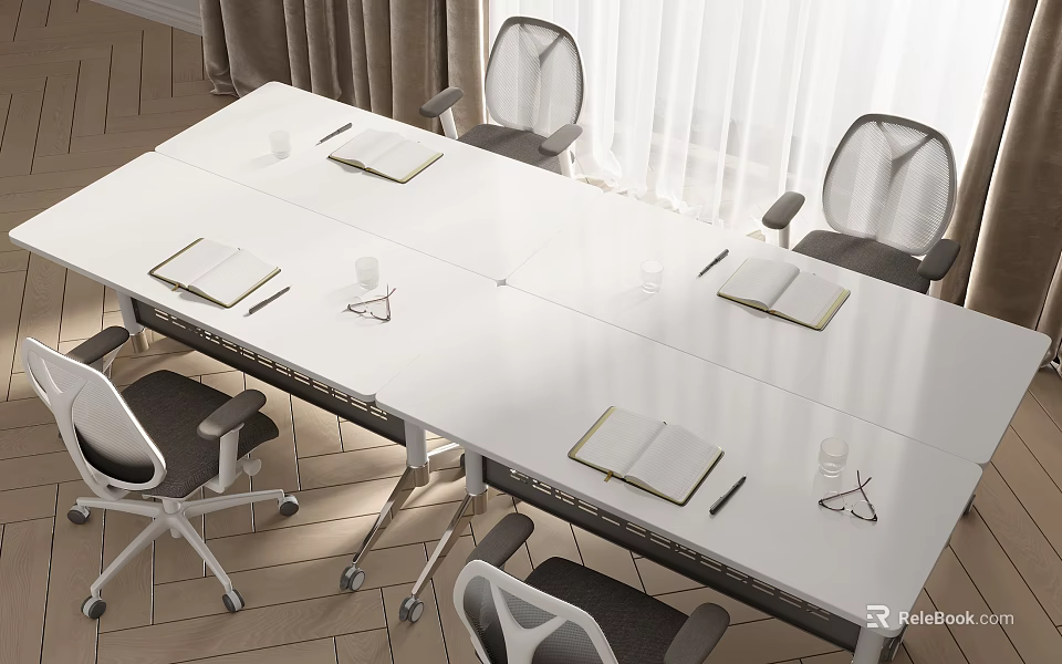 Modern Conference Table With Ergonomic Chairs Notebooks And Cups In Bright Office Setting 3d model 