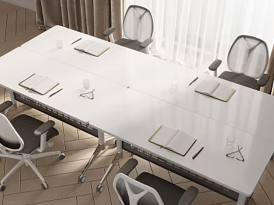 Modern Conference Table With Ergonomic Chairs Notebooks And Cups In Bright Office Setting 3d model
