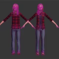 Woman front back wearing red black plaid shirt blue jeans brown shoes hands spread out