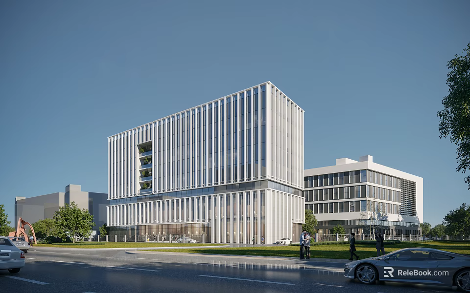 Modern Office Building With Glass Curtain Wall Landscaped Surroundings And Pedestrians Outside 3d model 
