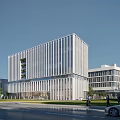 Modern Office Building With Glass Curtain Wall Landscaped Surroundings And Pedestrians Outside