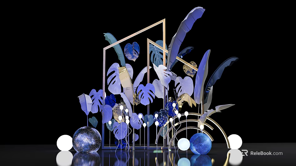 Contemporary Floral Art Installation Featuring Geometric Frame Leaf Ornaments Spheres And Lighting 3d model 