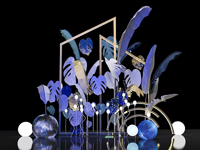 Contemporary Floral Art Installation Featuring Geometric Frame Leaf Ornaments Spheres And Lighting 3d model