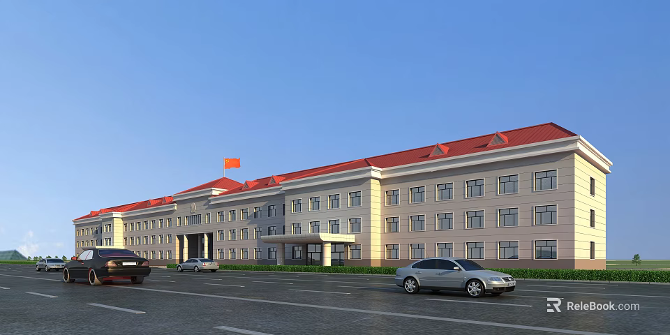 Office Building With Red Roof Light Colored Facade Parking Lot And Flag Under Blue Sky 3d model 