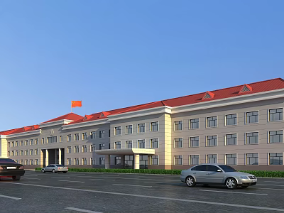 Office Building With Red Roof Light Colored Facade Parking Lot And Flag Under Blue Sky 3d model