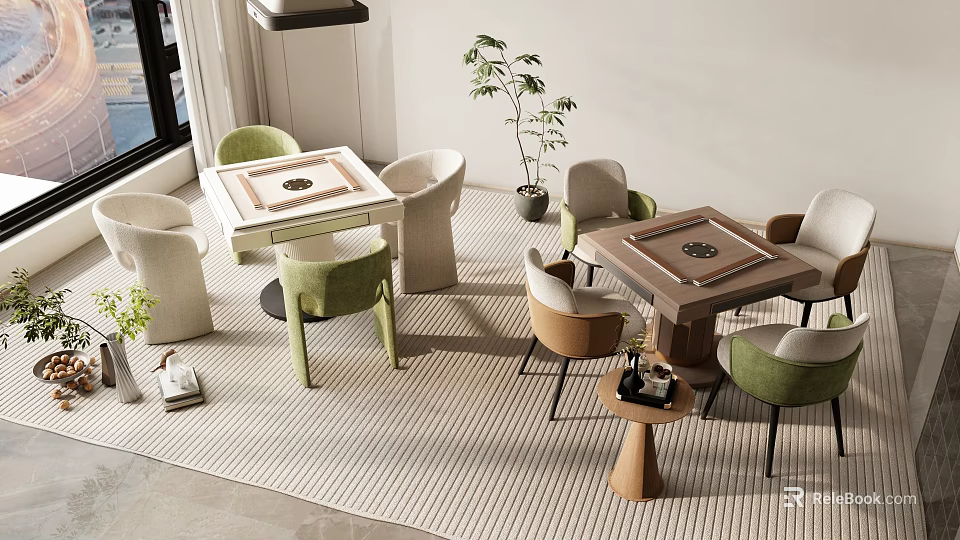Two Entertainment Tables With Green Beige Brown Chairs And Striped Carpet In Modern Interior Space 3d model 