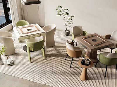 Two Entertainment Tables With Green Beige Brown Chairs And Striped Carpet In Modern Interior Space 3d model