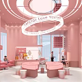 Pink Dessert Shop Interior With Display Cases Spiral Staircase Shelves Counter And Lighting