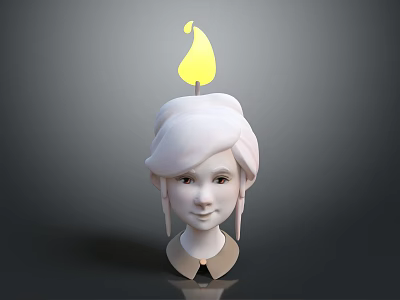 3D Female Head Character Model With White Hair And Lit Candle Flame On Top 3d model