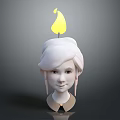 3D Female Head Character Model With White Hair And Lit Candle Flame On Top
