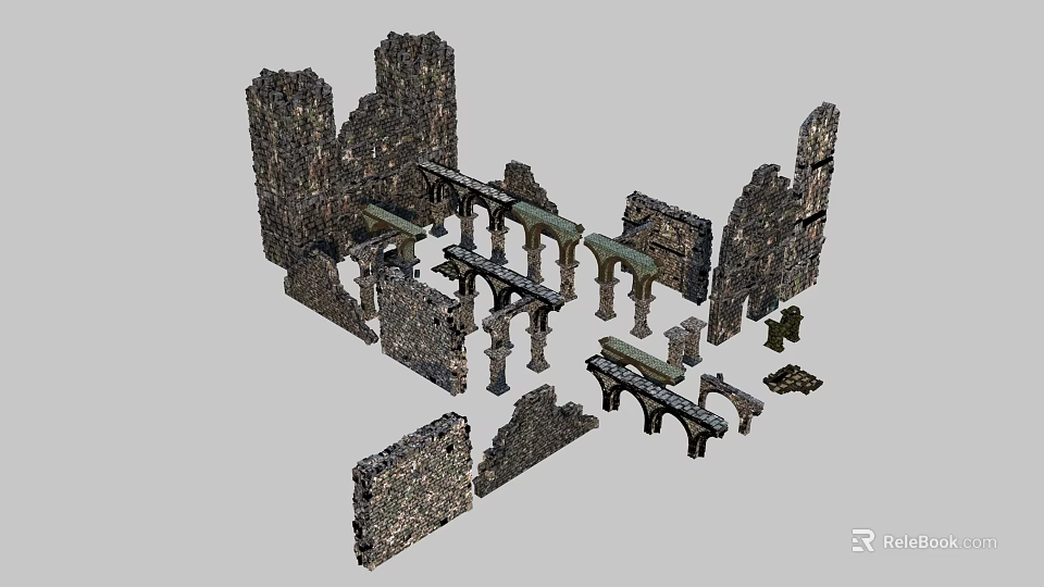 Ancient Architectural Ruins 3D Model Featuring Stone Walls Columns And Arches 3d model