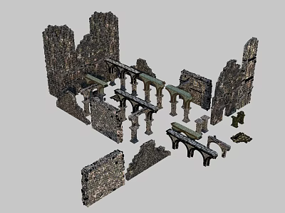Ancient Architectural Ruins 3D Model Featuring Stone Walls Columns And Arches 3d model