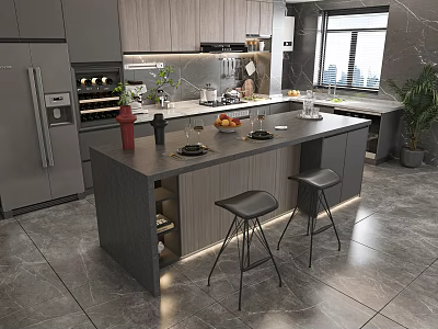 Modern Kitchen Interior Design Featuring Bar Counter With Stools Gray Cabinets And Plants 3d model