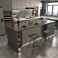 Modern Kitchen Interior Design Featuring Bar Counter With Stools Gray Cabinets And Plants