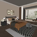 Cozy Modern Bedroom With Beige Bedding Pillows Nightstands Lamps Wall Art Window Blinds And Rug