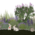 Garden Plant Combination With Purple Flowers Green Shrubs White Rabbits And Bubble Lights
