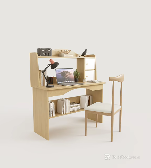 Modern Light Wood Desk with Laptop Table Lamp Books and Minimalist Chair 3d model 