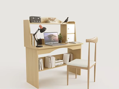 Modern Light Wood Desk with Laptop Table Lamp Books and Minimalist Chair 3d model