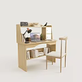 Modern Light Wood Desk with Laptop Table Lamp Books and Minimalist Chair