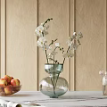 Transparent Glass Vase With White Orchids On Wooden Tabletop With Peach Bowl And Wooden Background