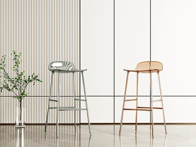 Two Modern Bar Stools With Silver And Copper Metal Frames Striped Wall And Green Plant 3d model