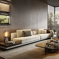 Modern Spacious Bright Living Room With Beige Sofa Wooden Coffee Tables Large Windows Trees Outside And Wooden Slat Ceiling