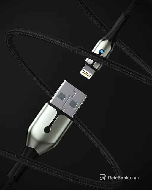 Black Braided Mobile Data Cable With Silver Metal USB And Lightning Connectors Blue Indicator Light 3d model