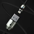 Black Braided Mobile Data Cable With Silver Metal USB And Lightning Connectors Blue Indicator Light 3d model