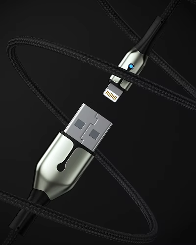 Black Braided Mobile Data Cable With Silver Metal USB And Lightning Connectors Blue Indicator Light 3d model