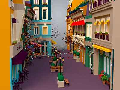 Cartoon Street Scene with Colorful Buildings Balconies Awnings Benches and Street Lamps 3d model