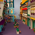 Cartoon Street Scene with Colorful Buildings Balconies Awnings Benches and Street Lamps